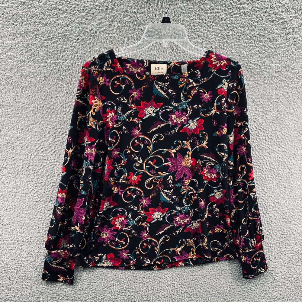 Elie‎ Tahari Shirt Womens Medium Black Floral Long Sleeve Stretch Blouse Top